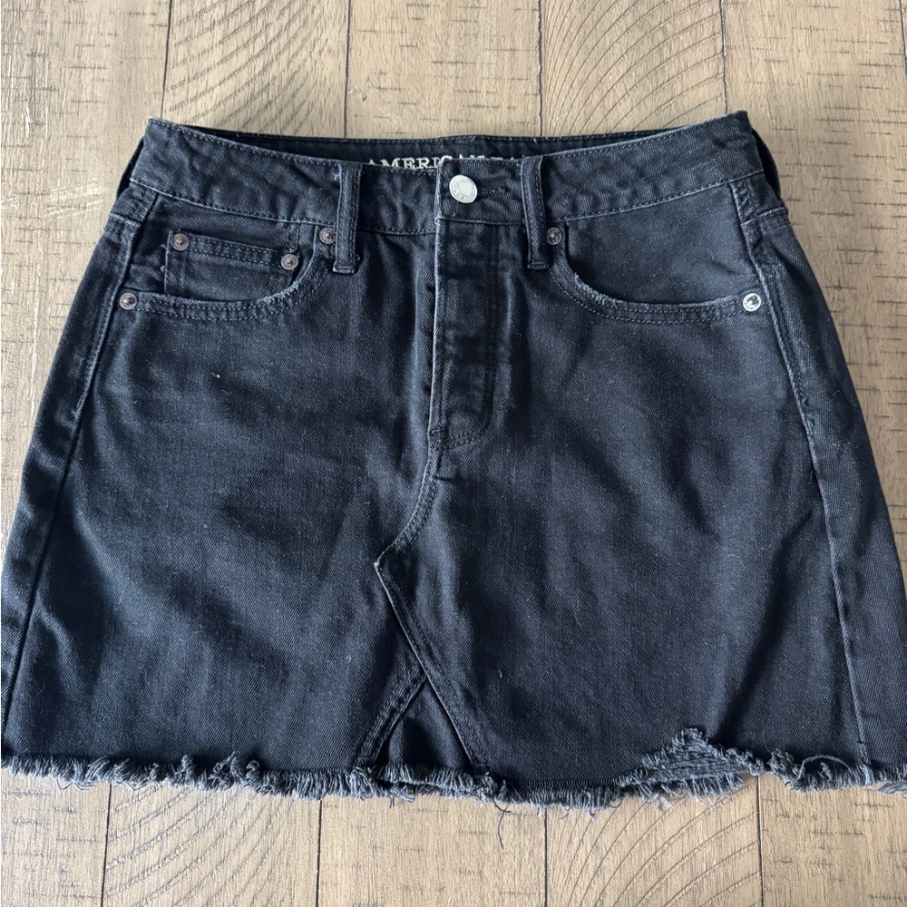 American Eagle Denim Distressed Black Mini Skirt